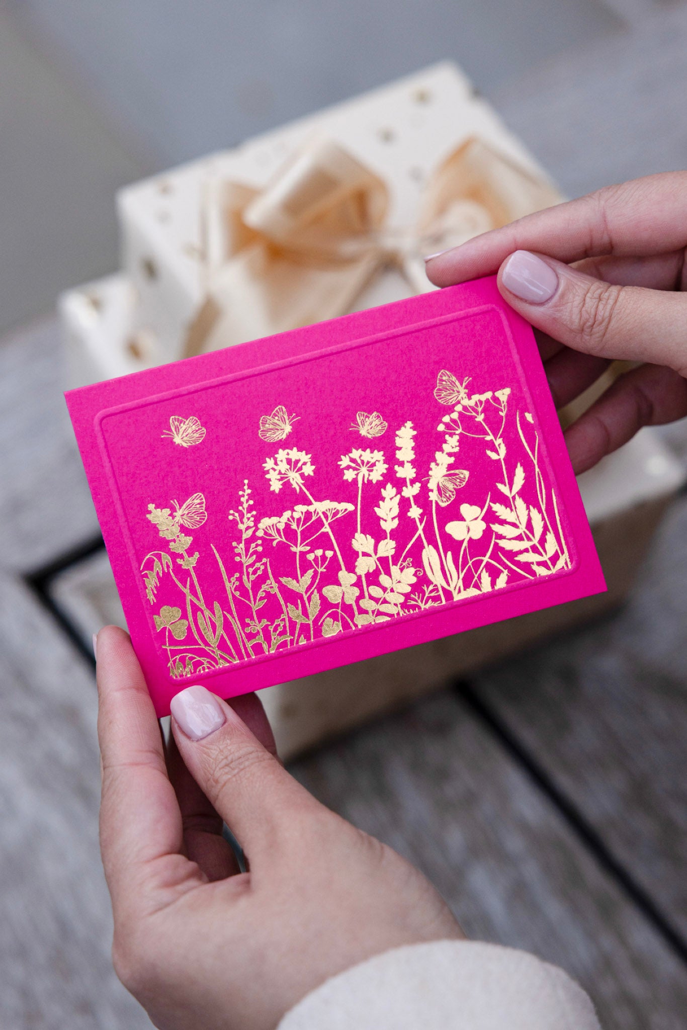 Butterfly Lane with gold accents on a hot pink card