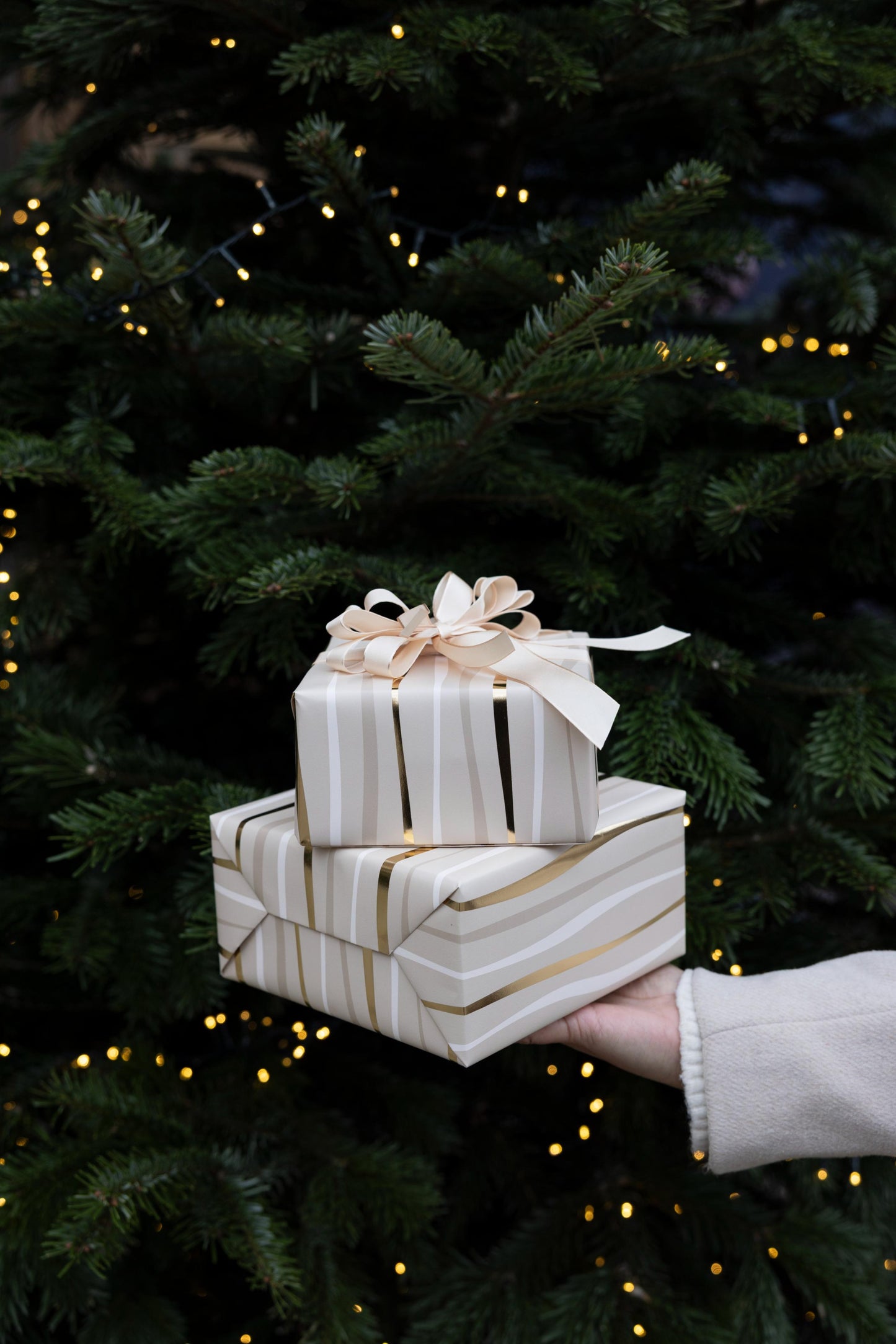 Festive Wave Print Wrapping Paper in Beige and Gold