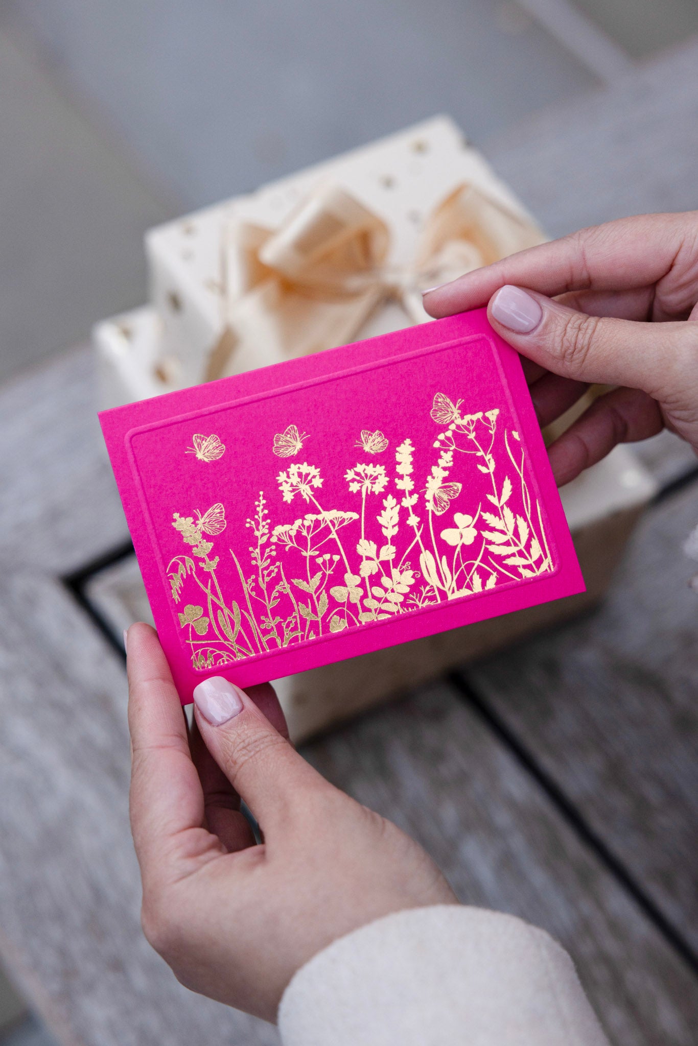 Butterfly Lane with gold accents on a hot pink card